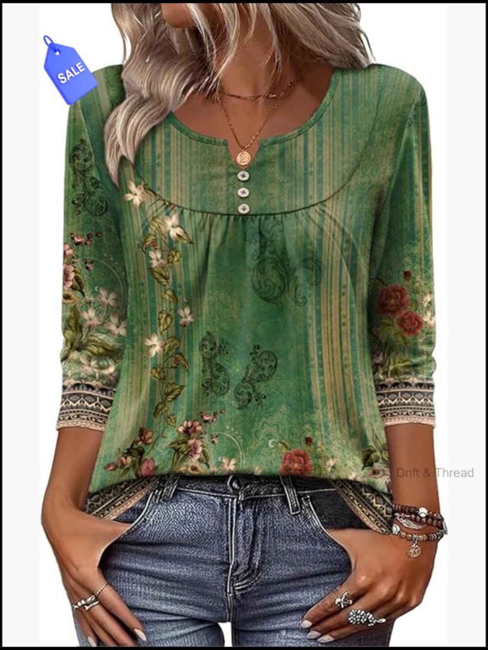 3/4 Sleeve V-Neck Tunic Blouse Floral Print Business Casual Loose Fit